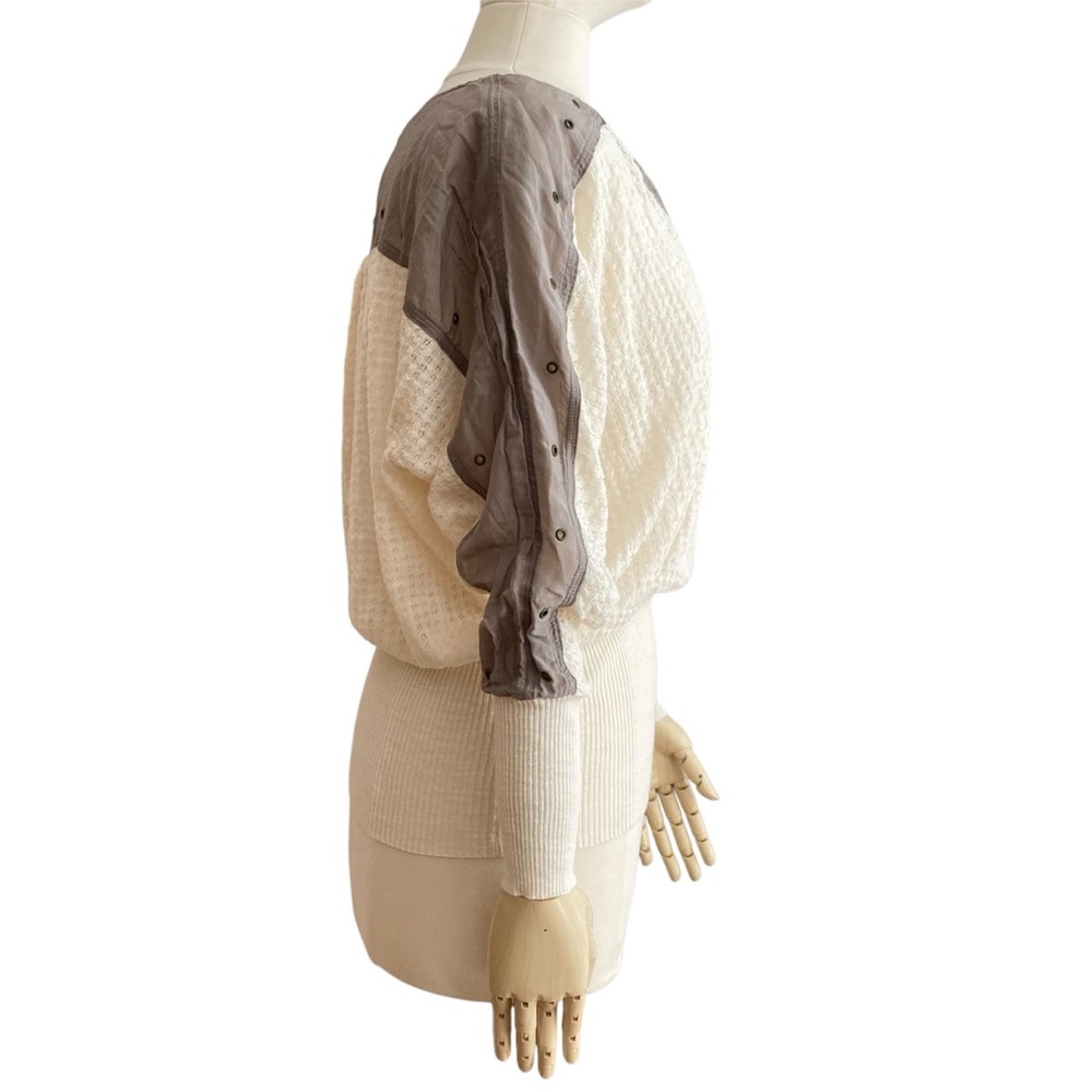FREE PEOPLE | Ivory Olive Brown Open Knit Silk Cotton Sweater S Slouchy Grommet